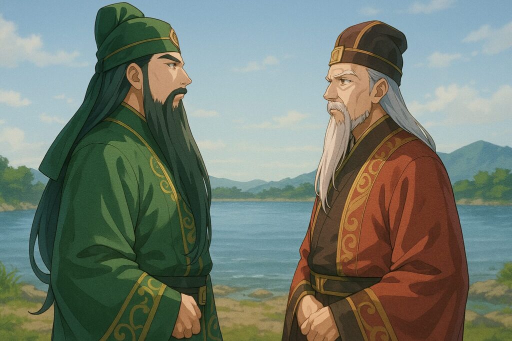 交わらぬ剣 呉の陣には、孫権の名代として老将・呂範が現れた。
